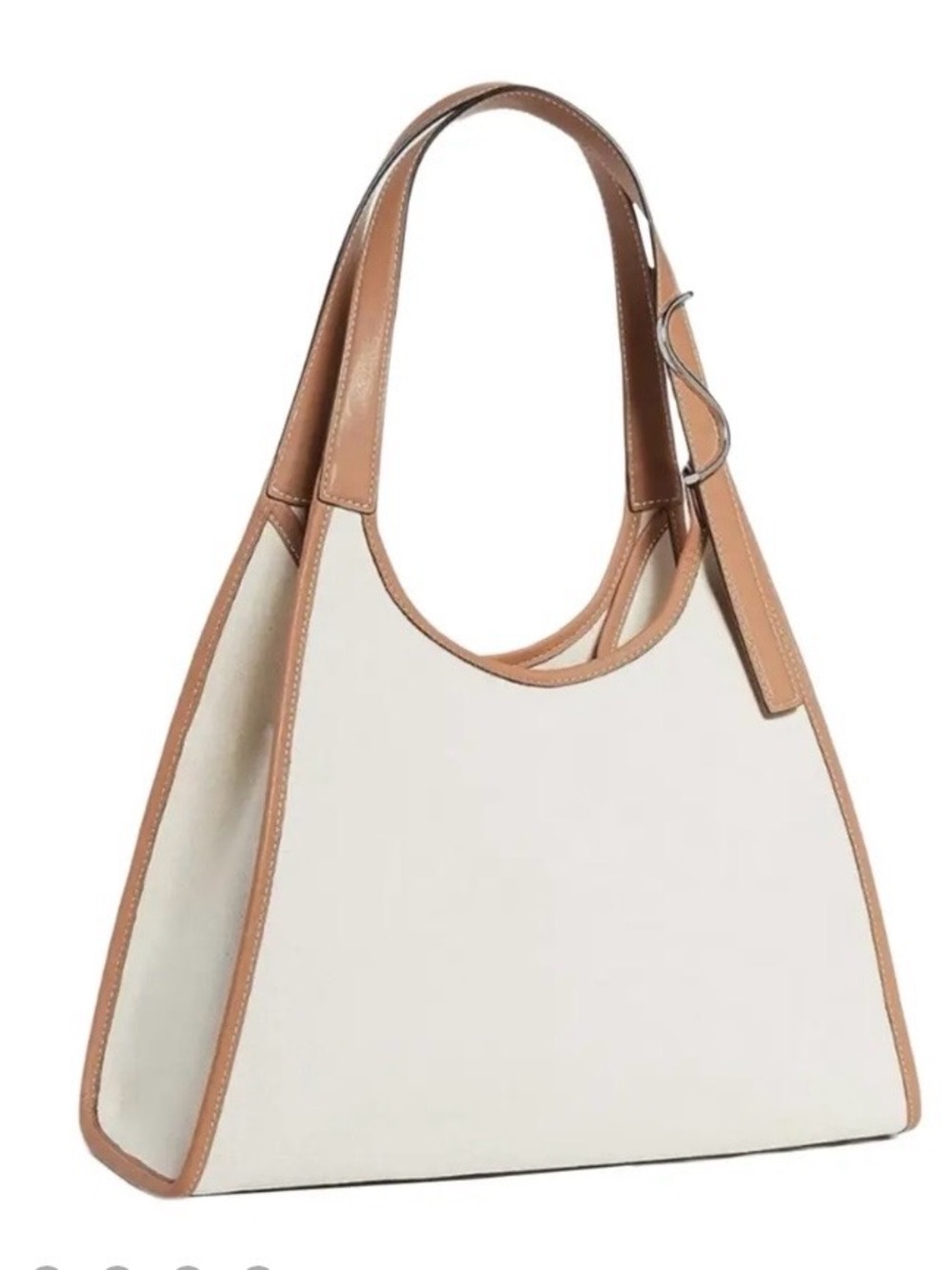 STAUD- Soft Rey Beige Linen Canvas Shoulder Bag with Tan Leather Trim.